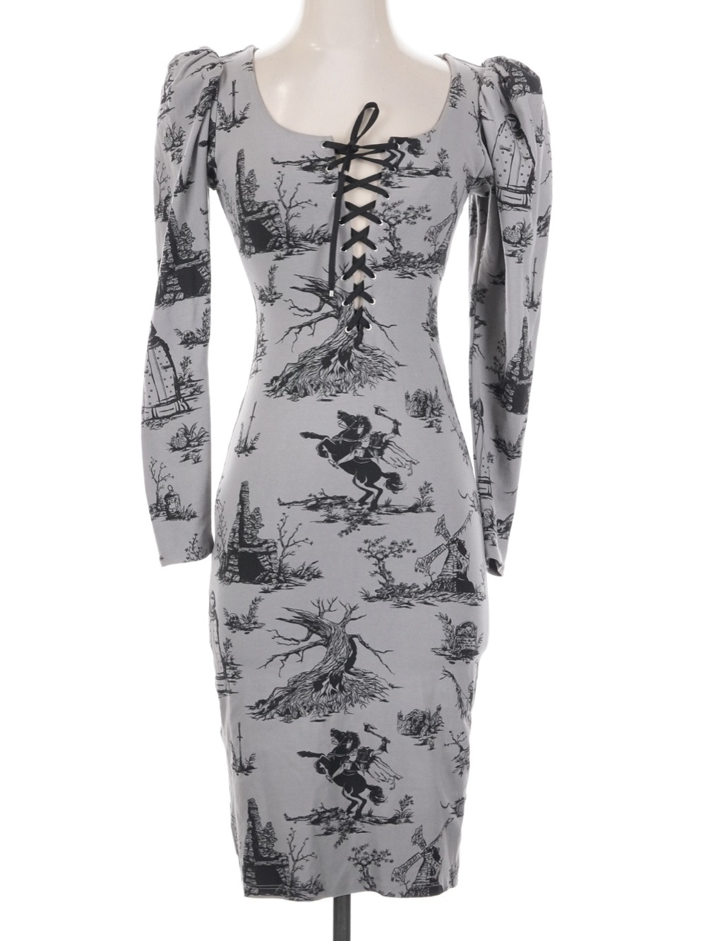 La Femme En Noir x Sleepy Hollow Gothic Toile Lace-Up Wiggle Dress, XS, EUC 🎃